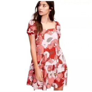 Ann Taylor Loft Coral Large Floral Poppy Square Neck Puff Sleeve Dress 4